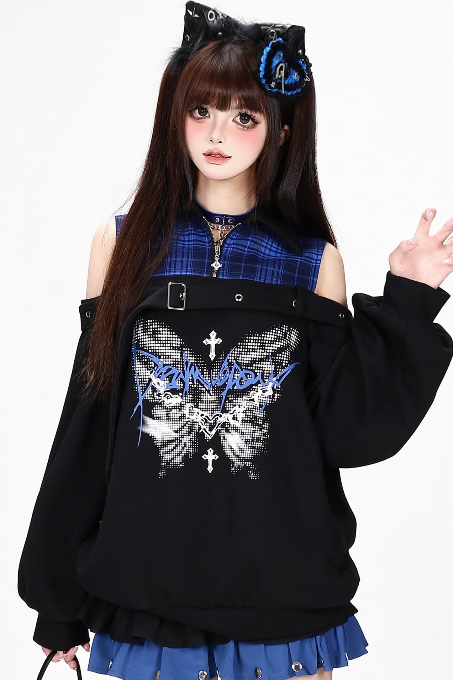 Plaid Butterfly Print Loose Sweatshirt