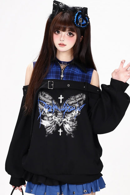Plaid Butterfly Print Loose Sweatshirt