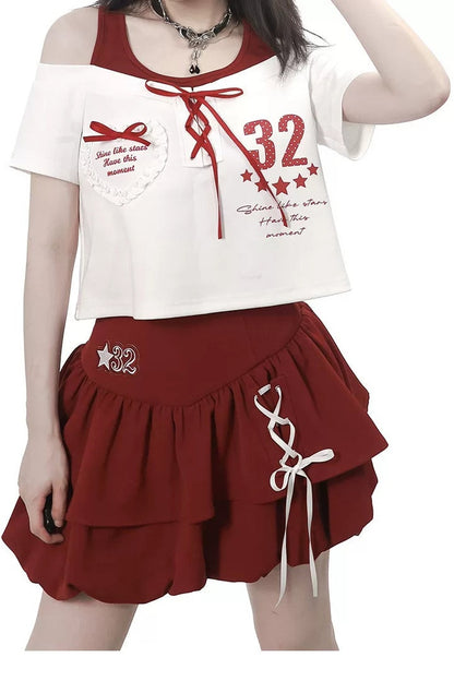 Off-Shoulder Layered Star Graphic Top & Bubble Skirt Set-Up