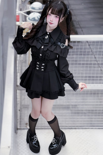 [Pre-order] Cold Shoulder Heart Buckle Long Sleeve Ruffle Lace Blouse with Bow Tie + Lace-Trim Pleated Mini Skirt Set