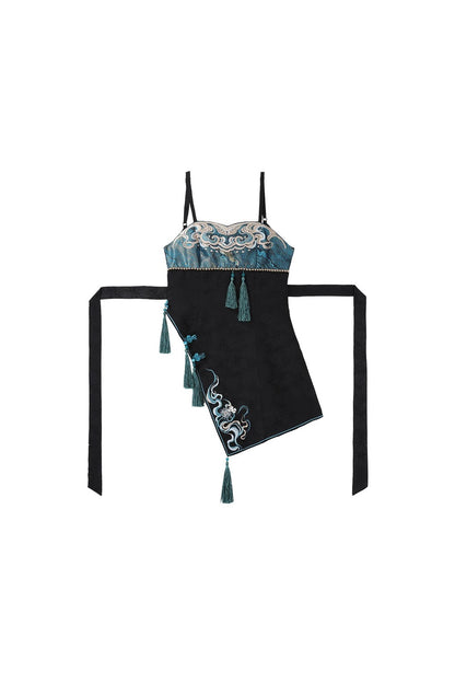 Cyberpunk Chinese-Style Lolita Top + Strapped Dress + Skirt + Leg Covers