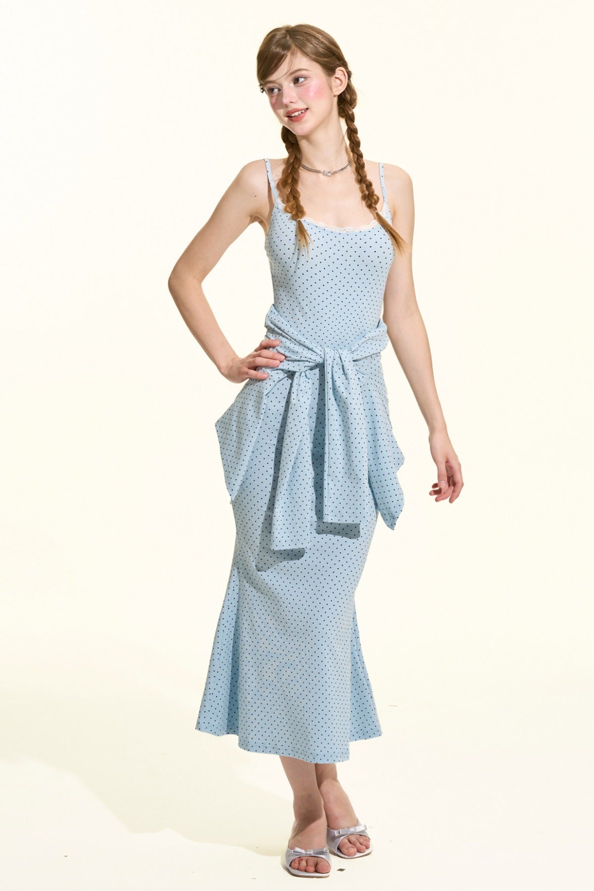 Blue Polka Dot Cami Dress Cardigan Set-Up
