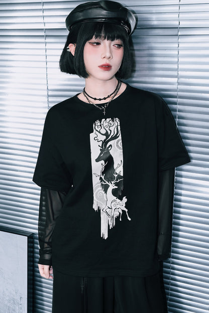 鹿プリントシアースリーブレイヤードTシャツ