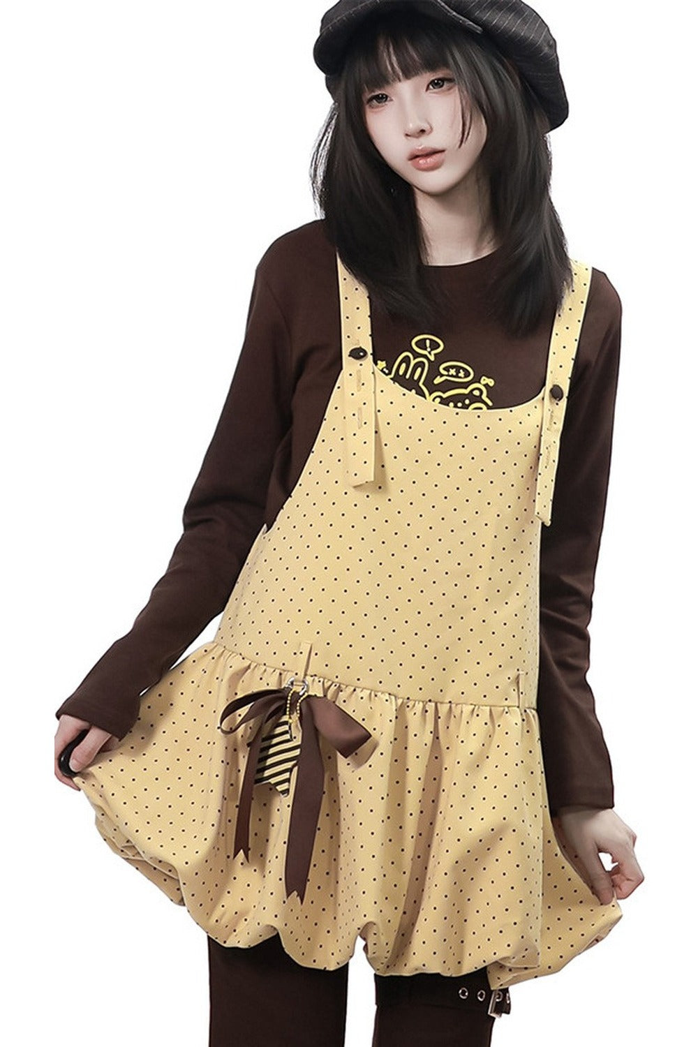 Polka Dot Floral Bud Suspender Dress and Long Sleeve Set-Up