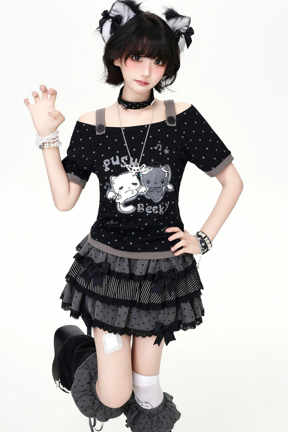 Pastel Cat Dot Off-Shoulder Top