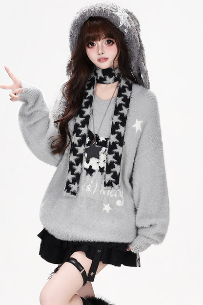 Jersey suelto de jacquard con gatito y estrella