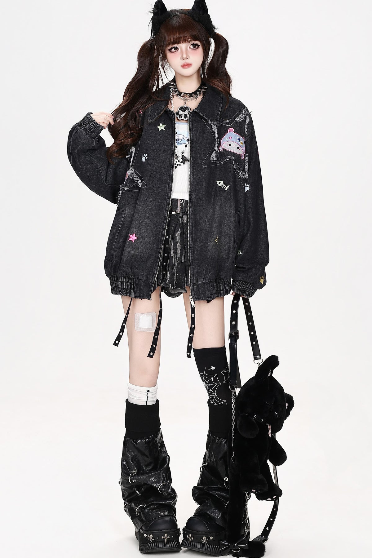 Jeansjacke mit Cartoon-Katzen-Patch