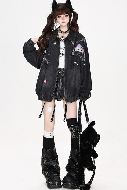 Jeansjacke mit Cartoon-Katzen-Patch