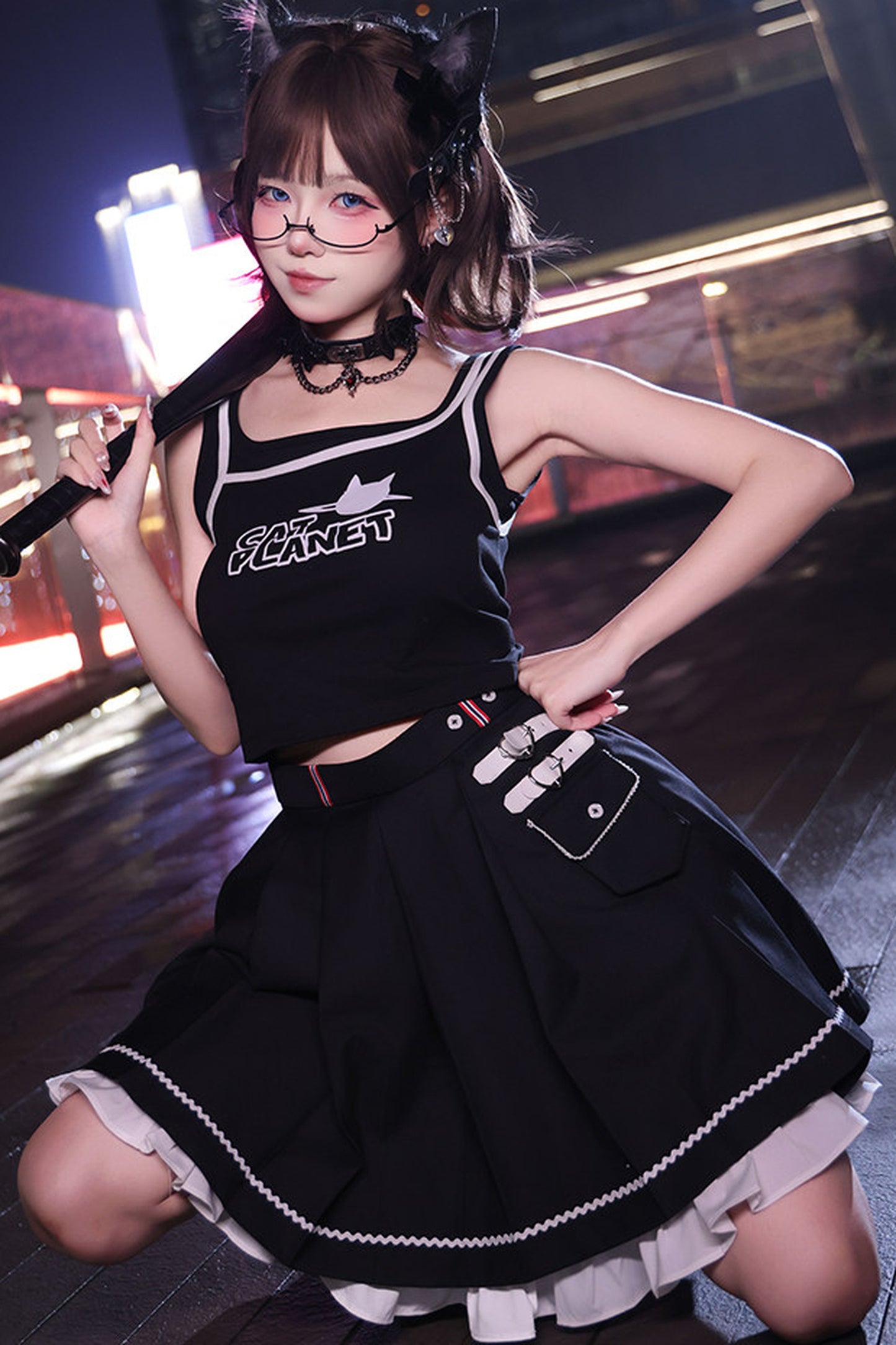 Printed Camisole + Pleated Skirt