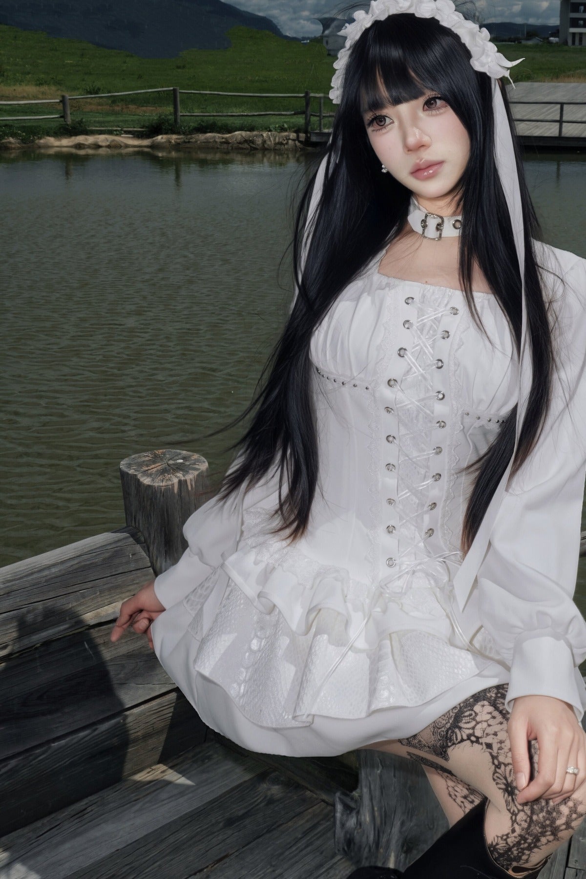 White Gothic Patchwork Corset Dress