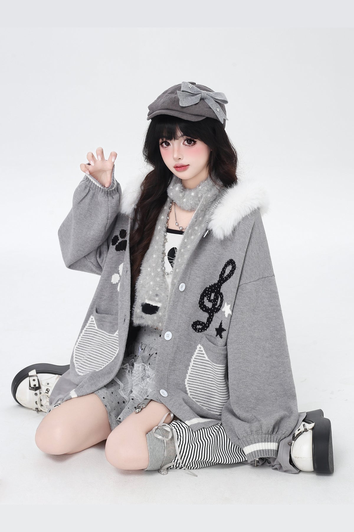 Cat Concerto Hooded Knit Cardigan