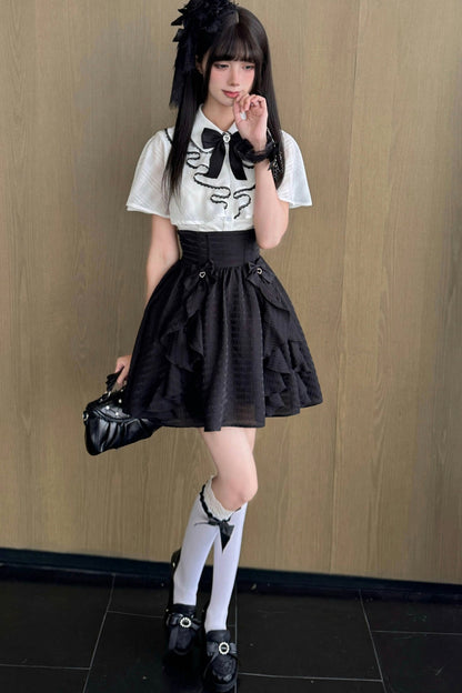 Black-White Cape Blouse And Plaid Skirt Set-Up