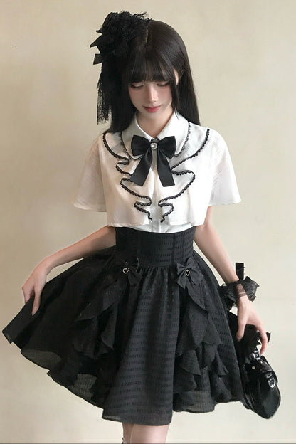 Black-White Cape Blouse And Plaid Skirt Set-Up