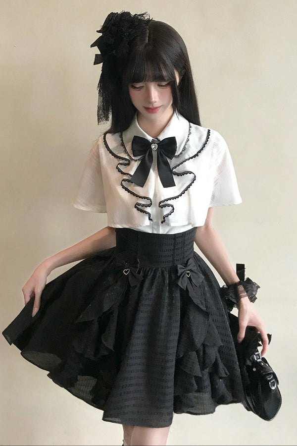 Black-White Cape Blouse And Plaid Skirt Set-Up