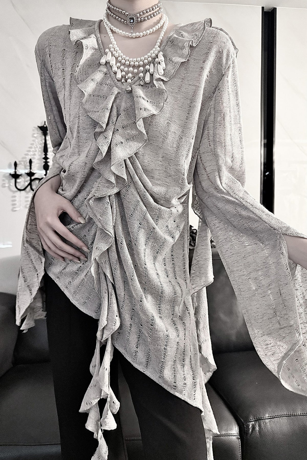Ruffle V-Neck Lace Blouse