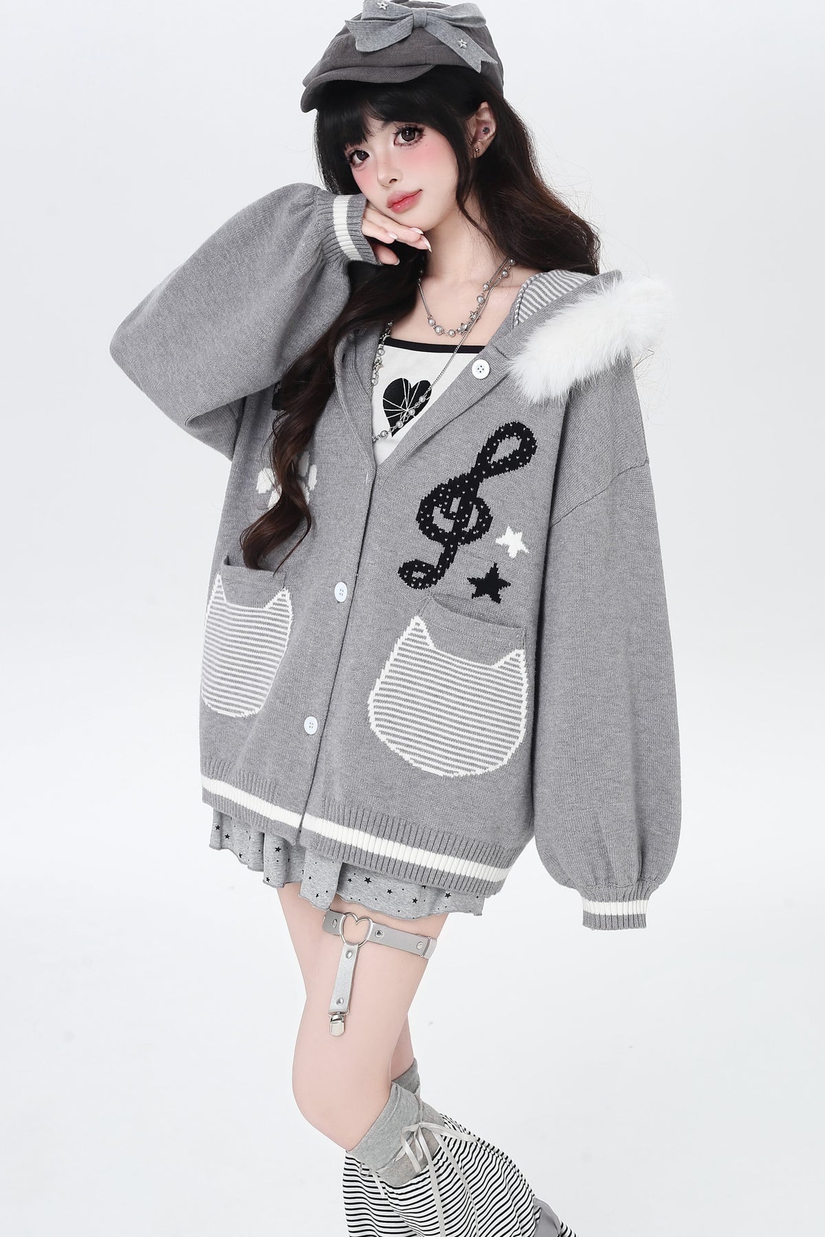 Cat Concerto Hooded Knit Cardigan