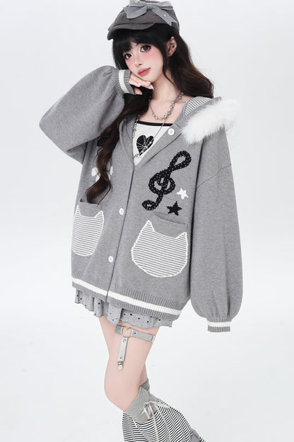 Cat Concerto Hooded Knit Cardigan