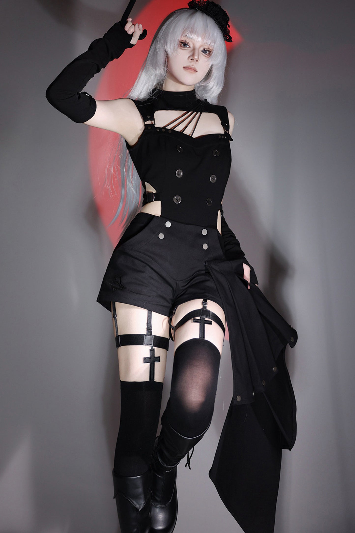 Top cyber gotico lolita + pantaloni + scaldabraccia