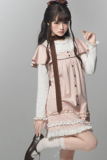 Pink Brown Polka Dot A-Line Layered-Look Dress