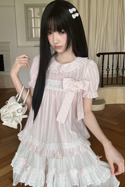 Loose Peach Textured Plaid Doll Shirt And Lace Dress Set-Up
