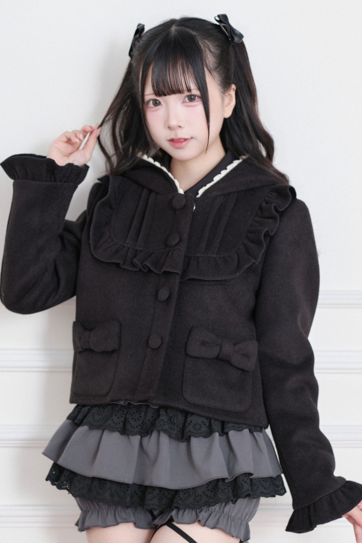 Ruffle Hooded Wool Jacket