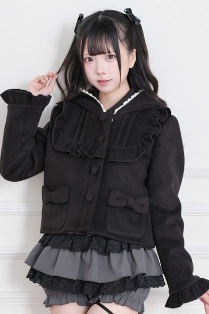 Ruffle Hooded Wool Jacket