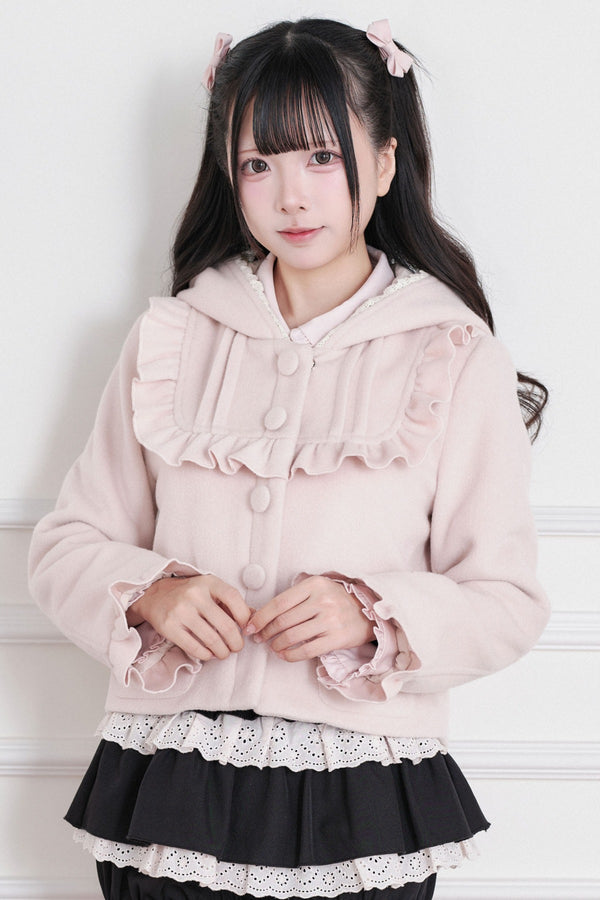 Ruffle Hooded Wool Jacket