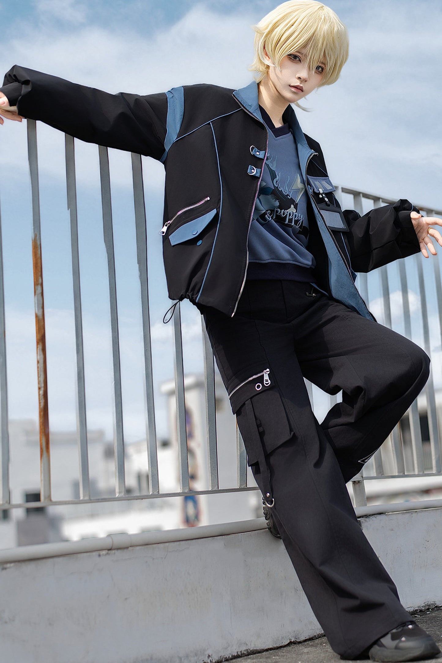 Schwarz-blaues Colorblock-Workwear-Jacken-Sweatshirt und weite Hose im Set