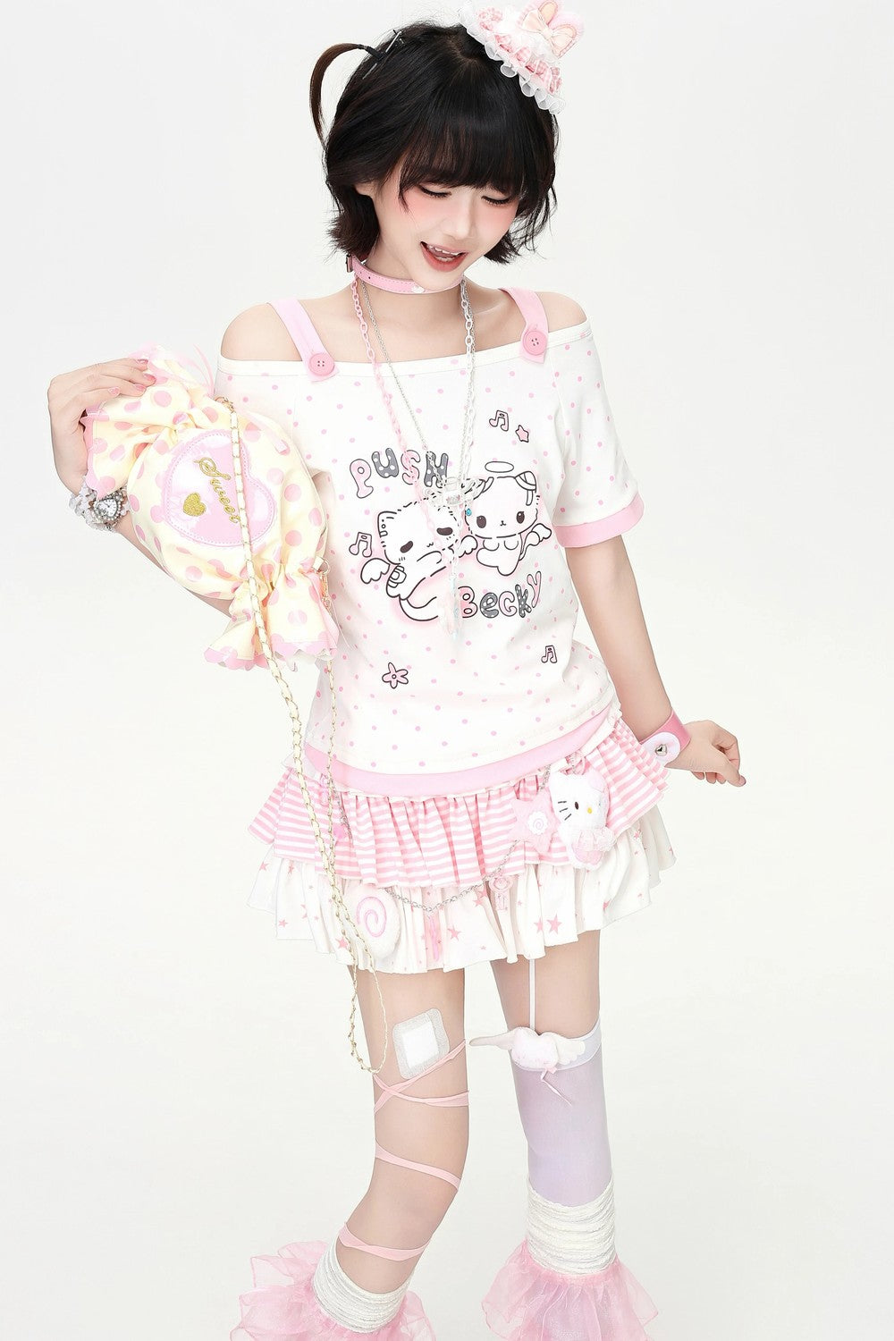 Pastel Cat Dot Off-Shoulder Top