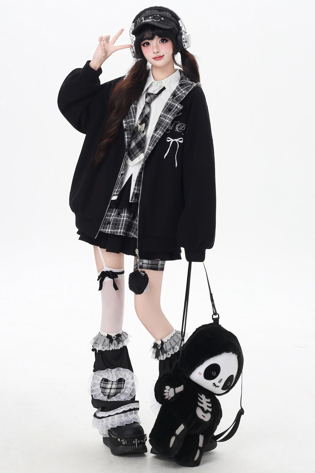 Plaid Rabbit Ear Embroidered Hooded Jacket