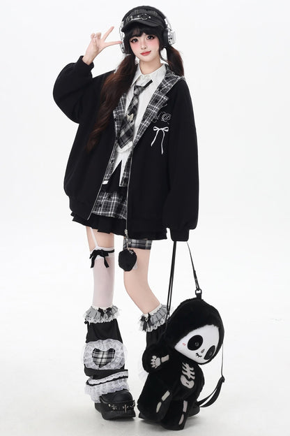 Plaid Rabbit Ear Embroidered Hooded Jacket