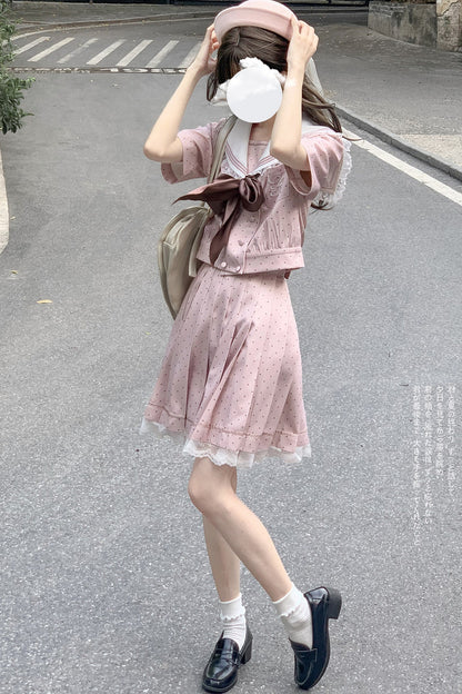 Pink Polka Dot Sailor Blouse + Skirt + Accessories