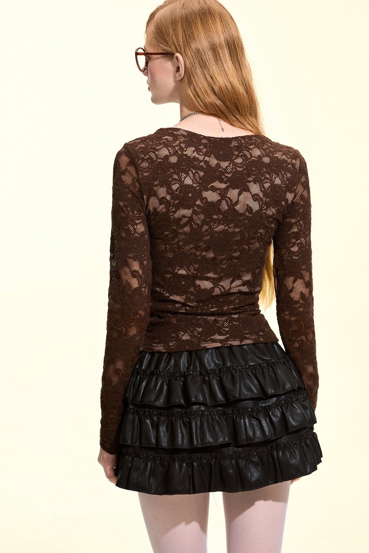 Metal Buckle V-Neck Lace Blouse