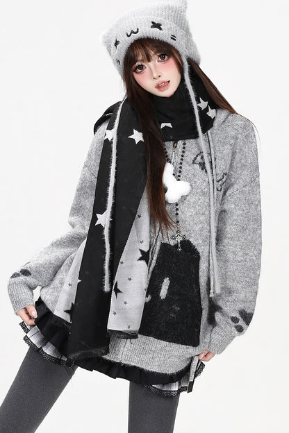 Cardigan en maille à capuche avec poche chat gris