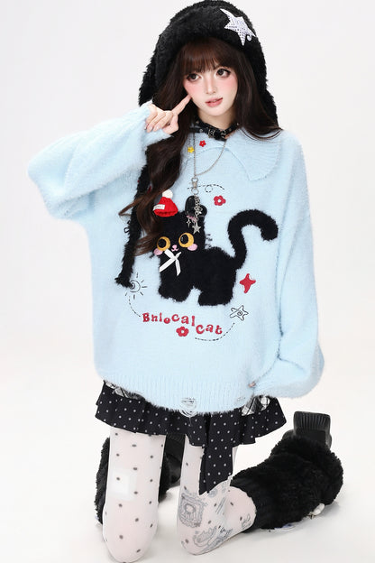 Black Cat Bow Knit Sweater