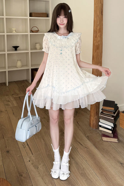 Gepunktetes Kleid mit Spitzenkragen und Bindegürtel