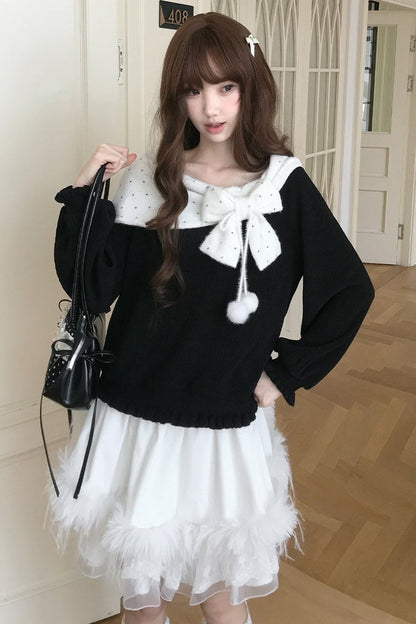 Polka Dot Off-Shoulder Sweater Top and Skirt Set