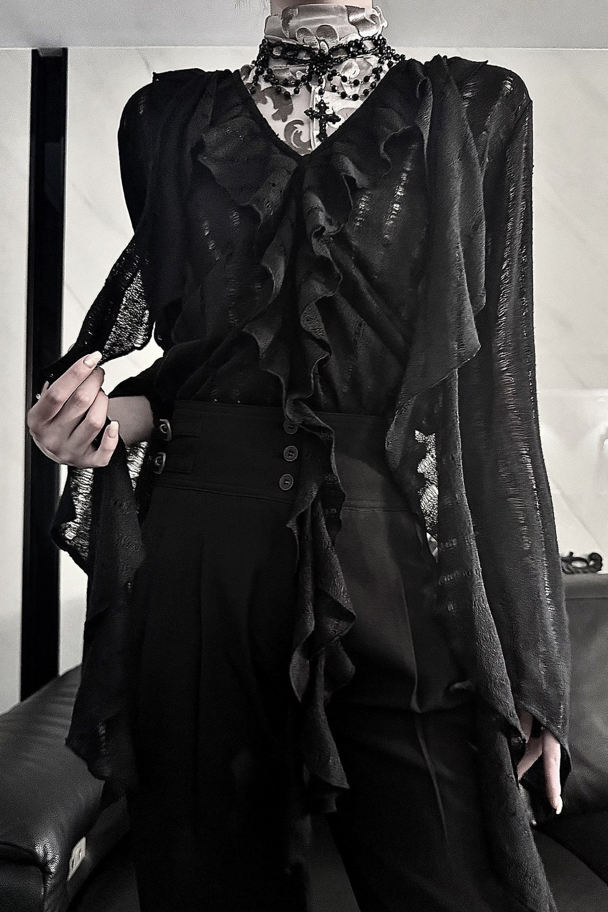 Ruffle V-Neck Lace Blouse