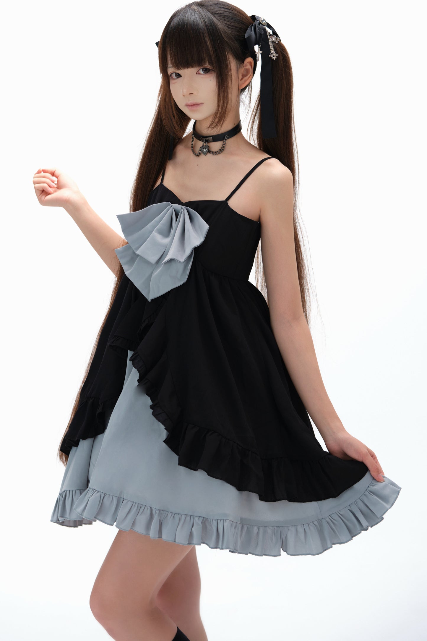 Double-Layer Open-Front Large Bow Suspender Dress