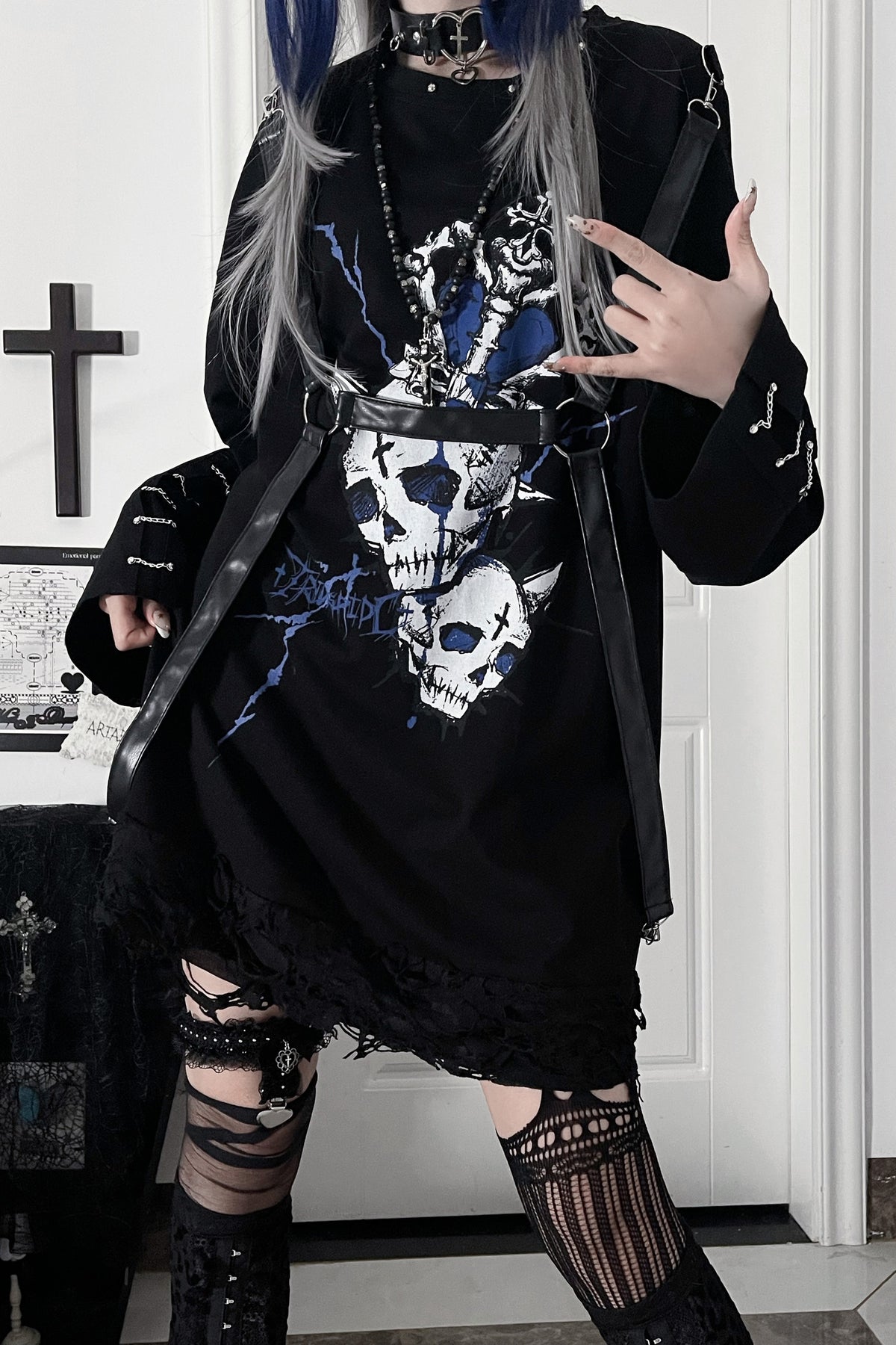 Belt Spliced Subculture Print Long-Sleeve T-Shirt