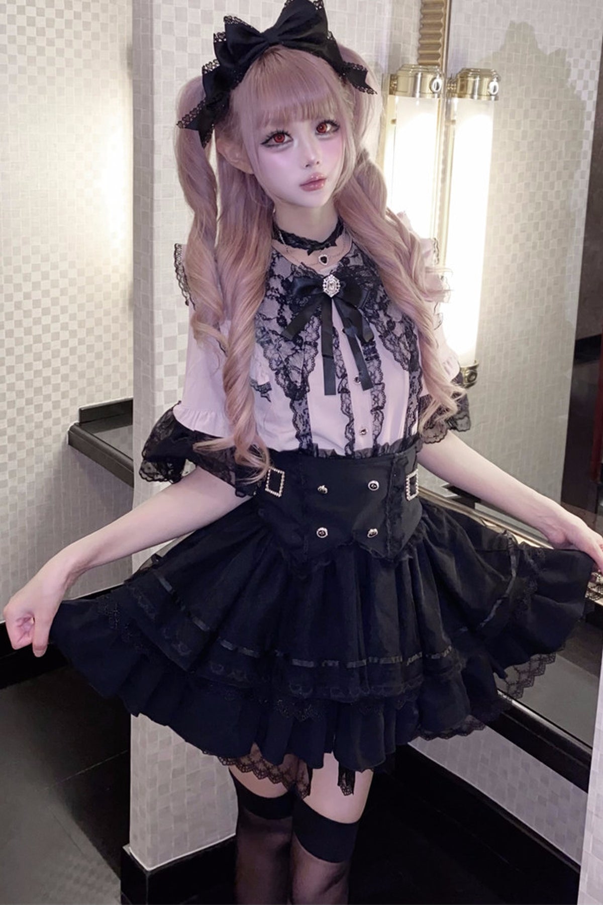 Cherry Short-Sleeved Lace Collar Shirt and Skirt Set-Up