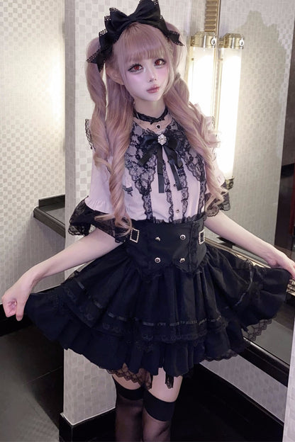 Cherry Short-Sleeved Lace Collar Shirt and Skirt Set-Up