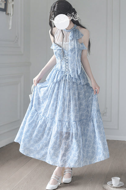 Elegant Print Halter Neck Long Dress
