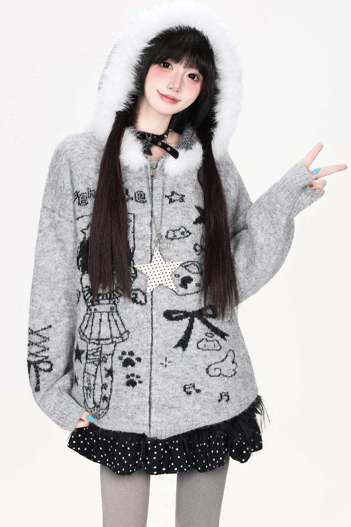 Veste en fourrure zippée à imprimé fille anime