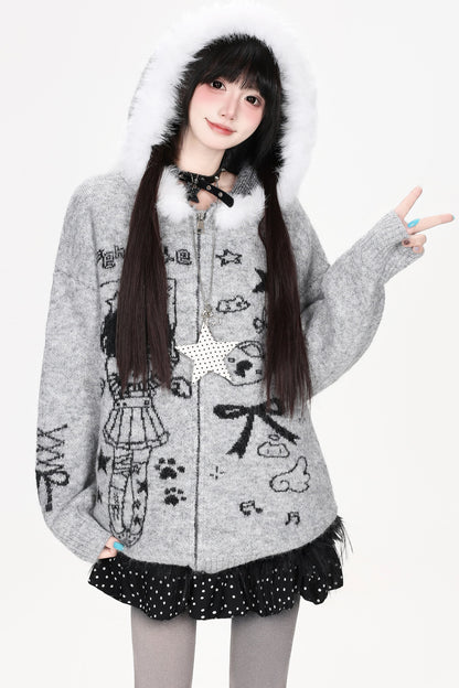 Veste en fourrure zippée à imprimé fille anime