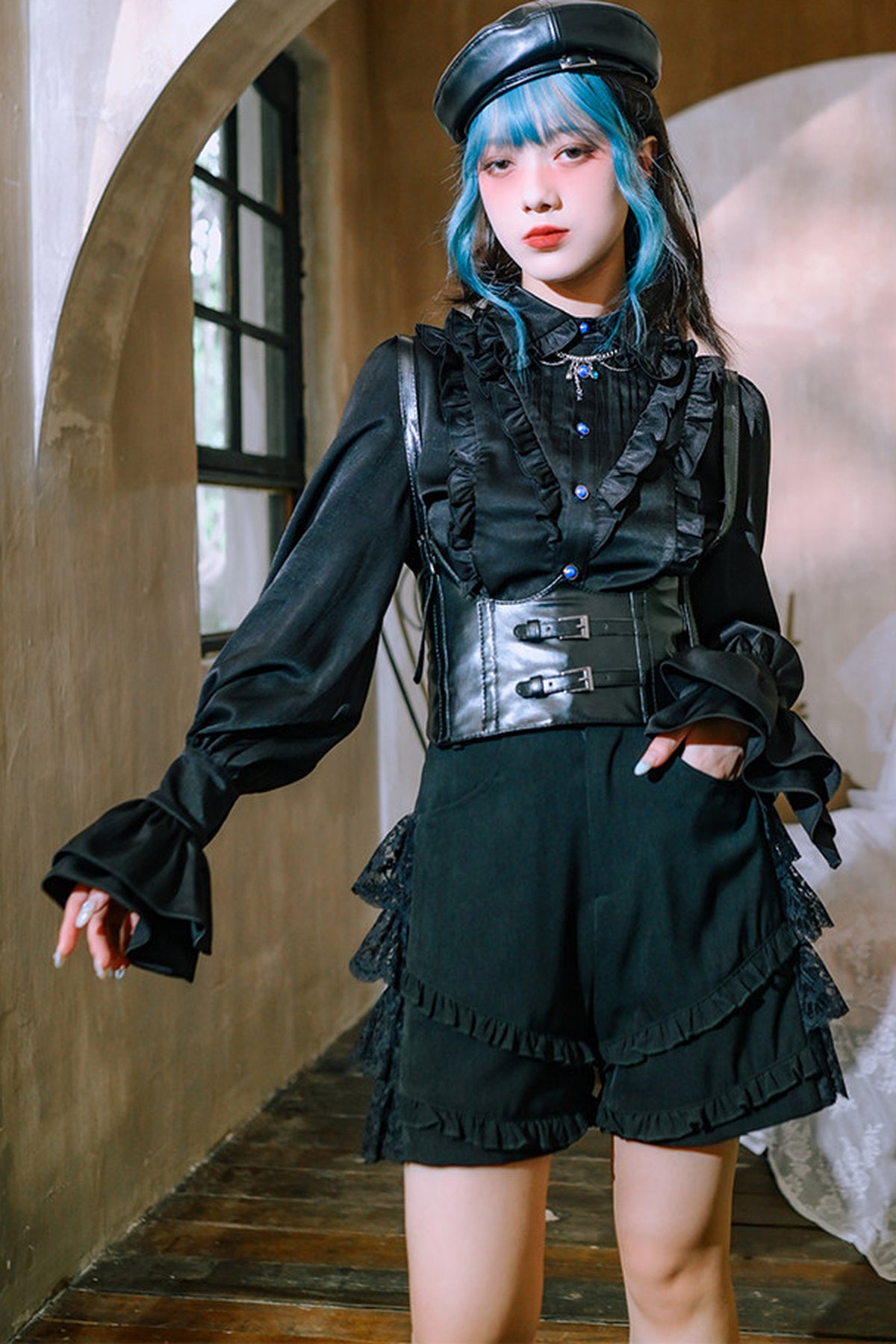 Blue Tears Patchwork Lace Lantern Sleeve Shirt