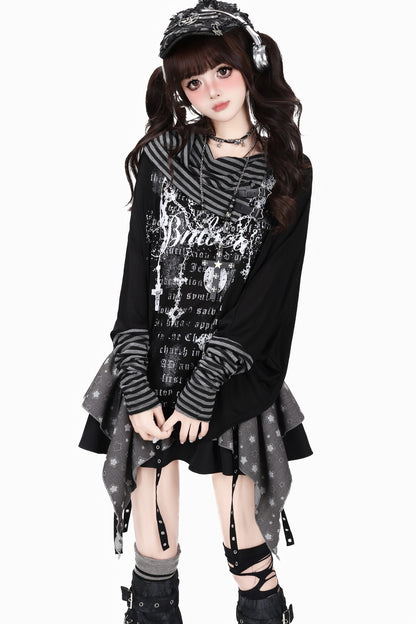 Gothic Print Striped Base Layer Top