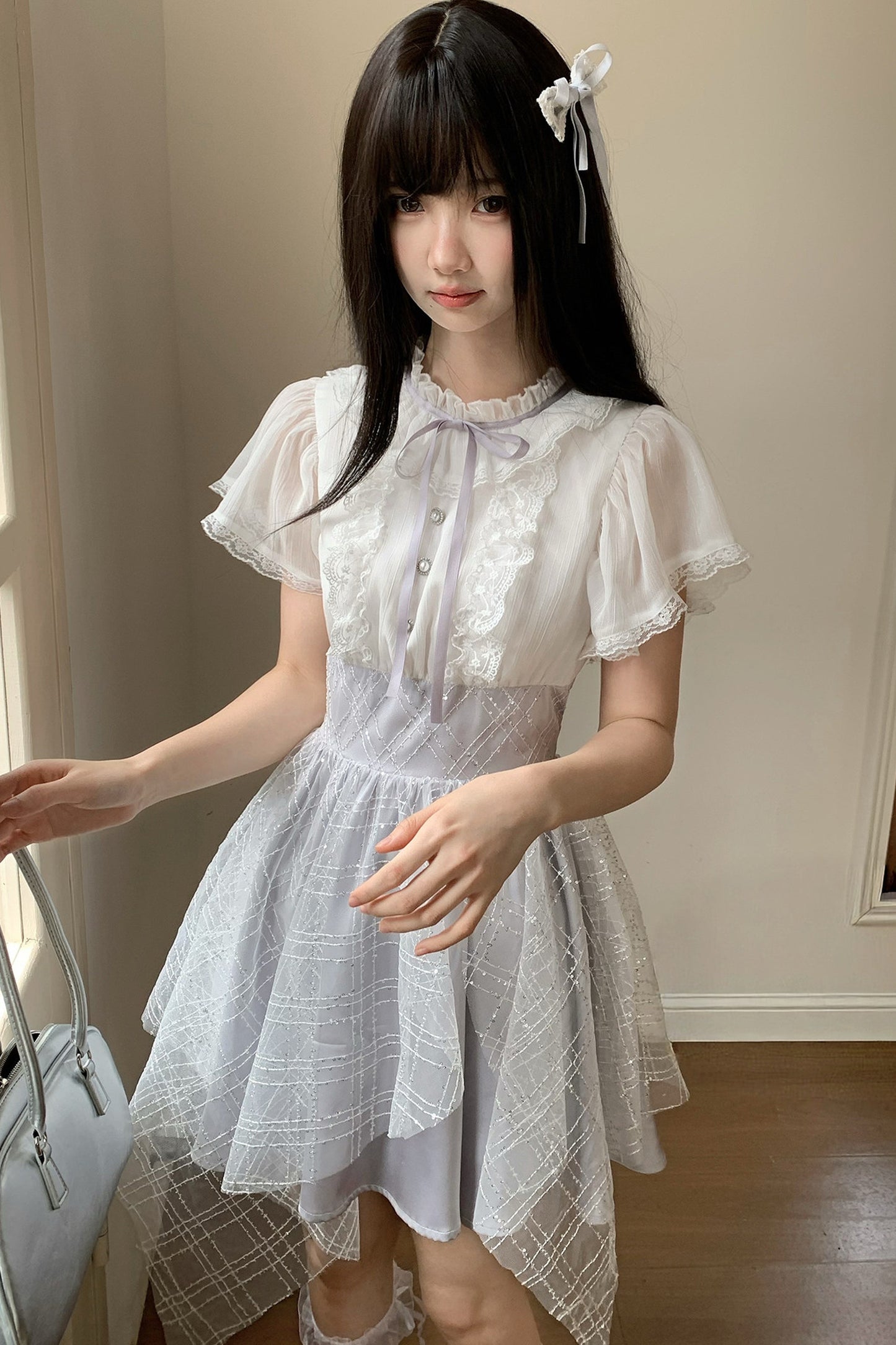 パールボタンレースティアードワンピース