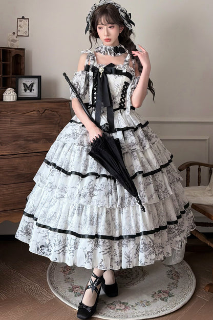 Lolita-Kleid mit Tuschewaschung und Fischgrätenmuster