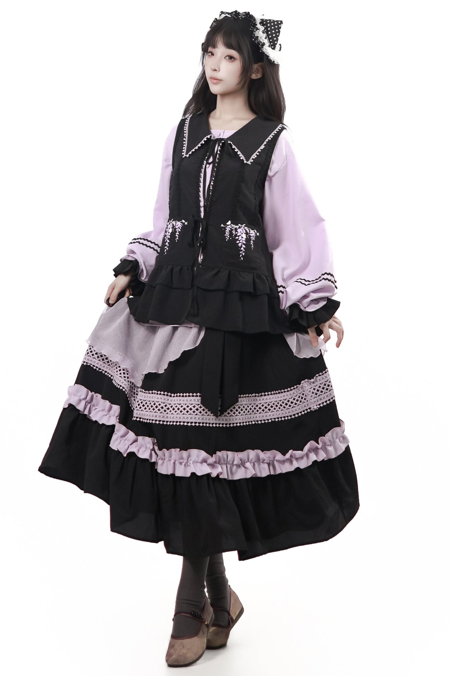 Purple Black Vine Flower Waist-Cinching Vest With Skirt and Jacket Set-Up